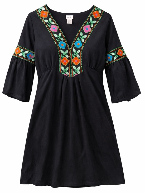 Cache Dresses & Skirts - Black Embroidered Boho Dress Floral Trim Bell Sleeve Mini